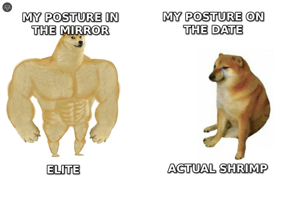 Buff doge labeled my posture in the mirror saying elite versus small cheems labeled my posture on the date saying actual shrimp