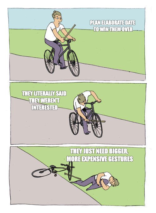 Bike Fall meme about Someone leaning in will invite you closer. Someone who isn't won't be talked into it by a bigger plan.