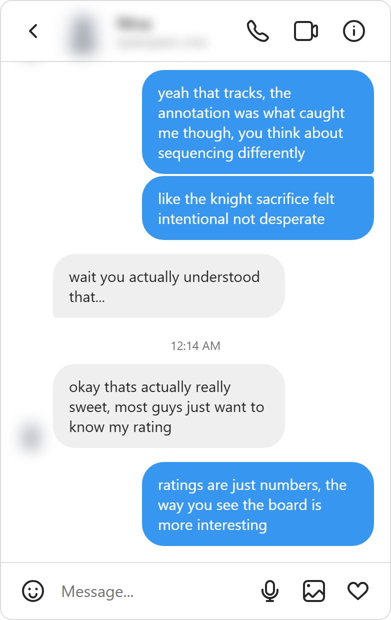 Instagram DM conversation on iOS dark mode Samsung S22 where a guy references a chess girls endgame analysis and she warms from skeptical short answers to genuine appreciation across a late night conversation
