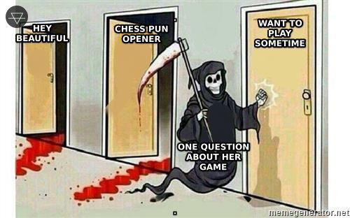 Grim reaper doors meme where hey beautiful and chess pun opener and want to play sometime all get eliminated while one question about her game survives