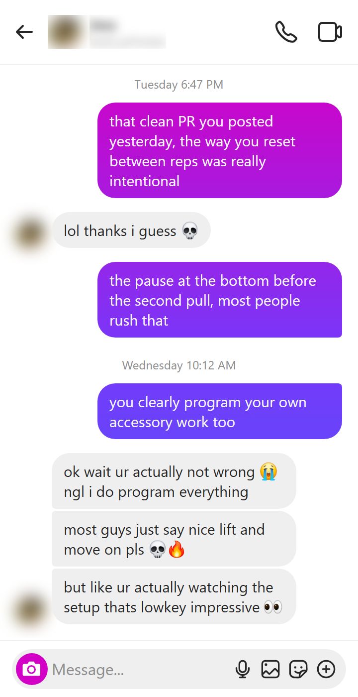 Instagram DM conversation on Android dark mode Samsung S22 where a guy makes specific observations about a CrossFit girls clean technique and she warms up from dismissive to genuinely impressed