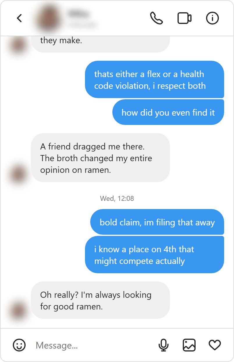 Instagram dm example showing how to message a girl you don't know by replying to her story about a ramen restaurant with witty specific observations