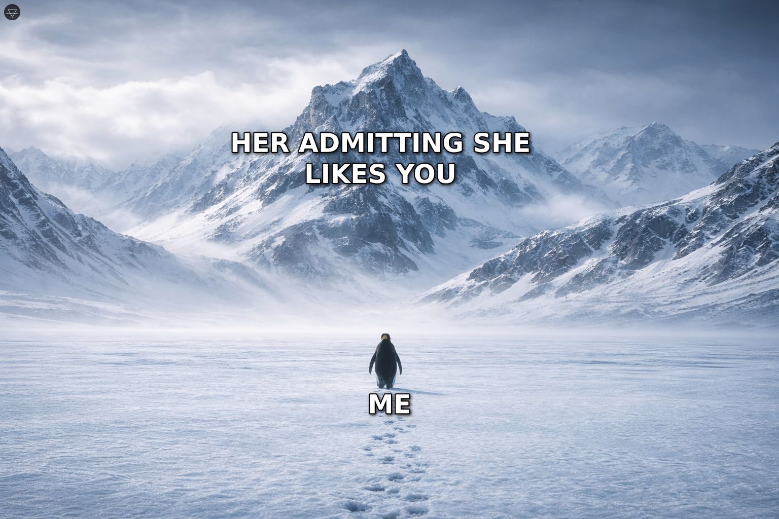 Nihilist penguin meme showing a tiny penguin staring up at the massive impossible goal of her admitting she likes you