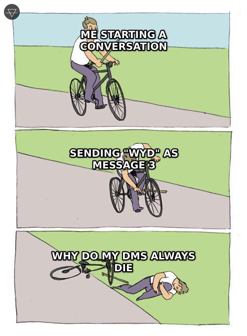 Bike fall meme showing a guy starting a conversation then sending wyd as the third message and blaming the girl when the DM conversation dies