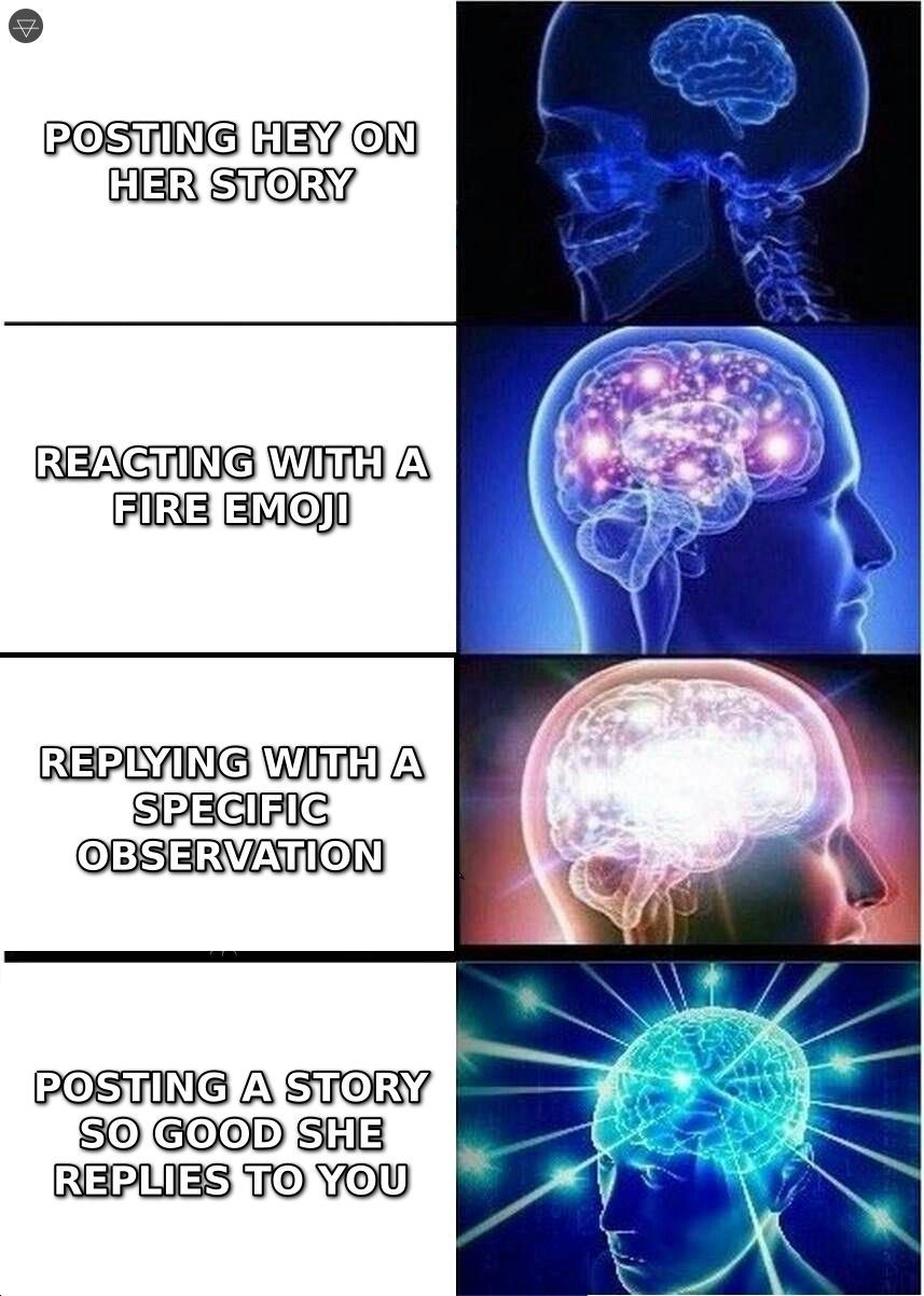 Expanding brain meme showing the progression from posting hey on her story to making your own stories so good she messages you first