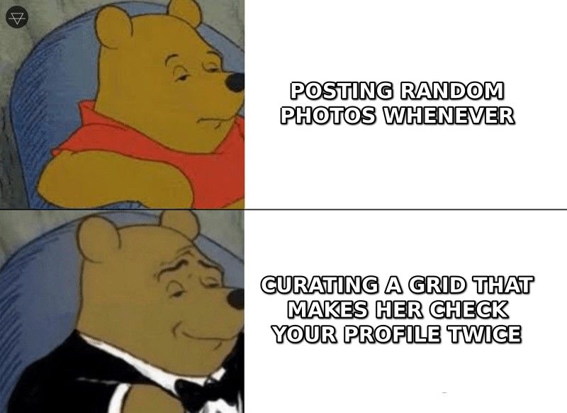 Tuxedo Winnie the Pooh meme showing posting random photos whenever as the basic version and curating a grid that makes her check your profile twice as the refined version