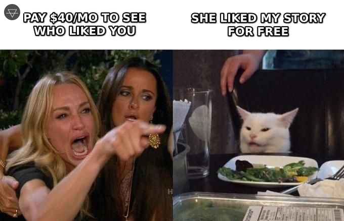Woman yelling at cat meme showing Tinder charging 40 dollars a month to see who liked you while Instagram story likes are free