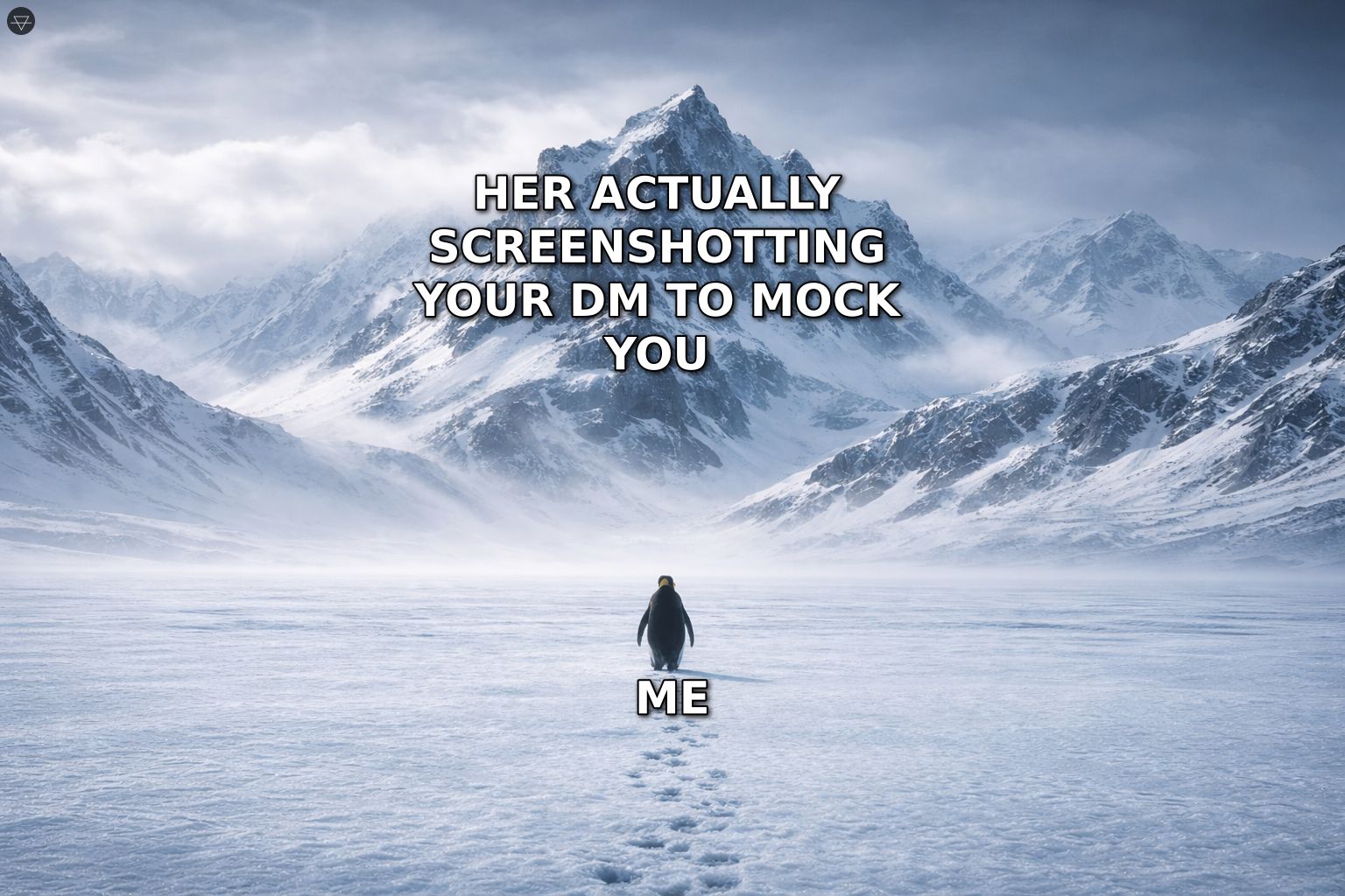 Tiny penguin staring up at impossibly distant mountains labeled her actually screenshotting your DM to mock you showing how unlikely that fear really is