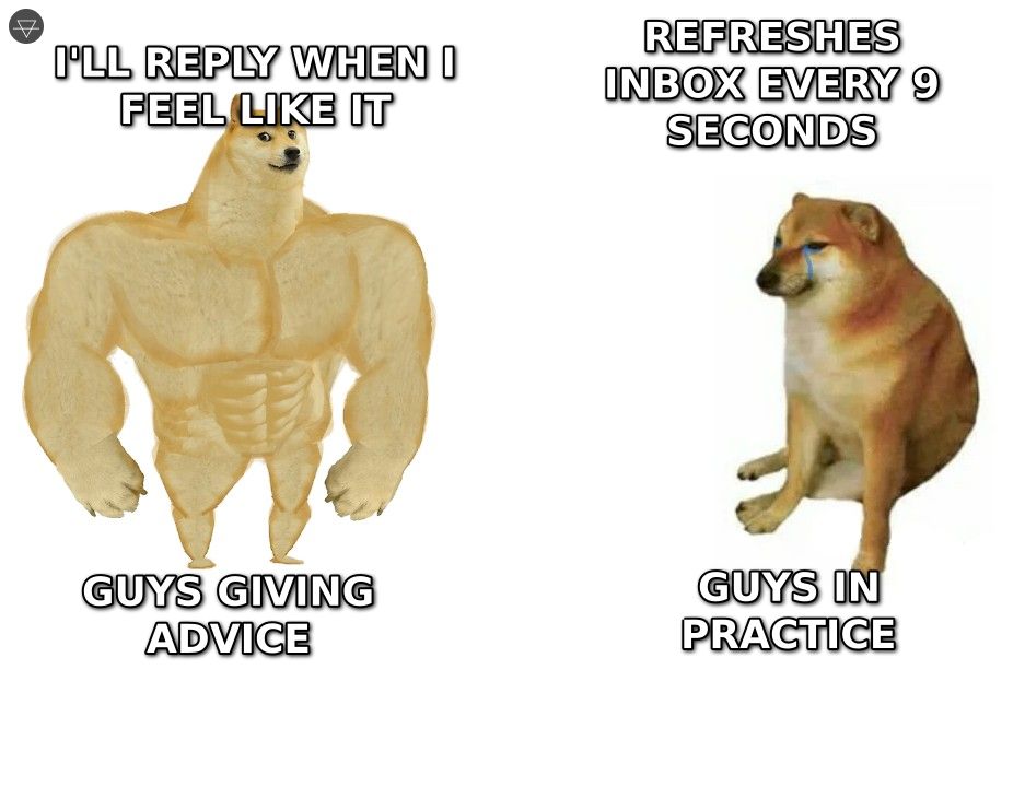 Buff doge saying he will reply when he feels like it representing guys giving advice versus small cheems refreshing inbox every 9 seconds representing guys in practice