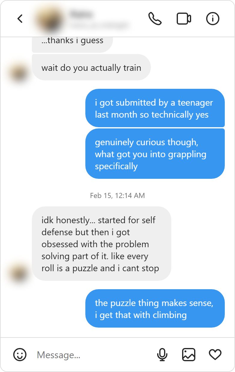 Instagram DM conversation on iOS dark mode Samsung S22 where a guy makes specific technical observations about a martial arts girls grappling and she warms up from dismissive single letters to sharing what drives her training