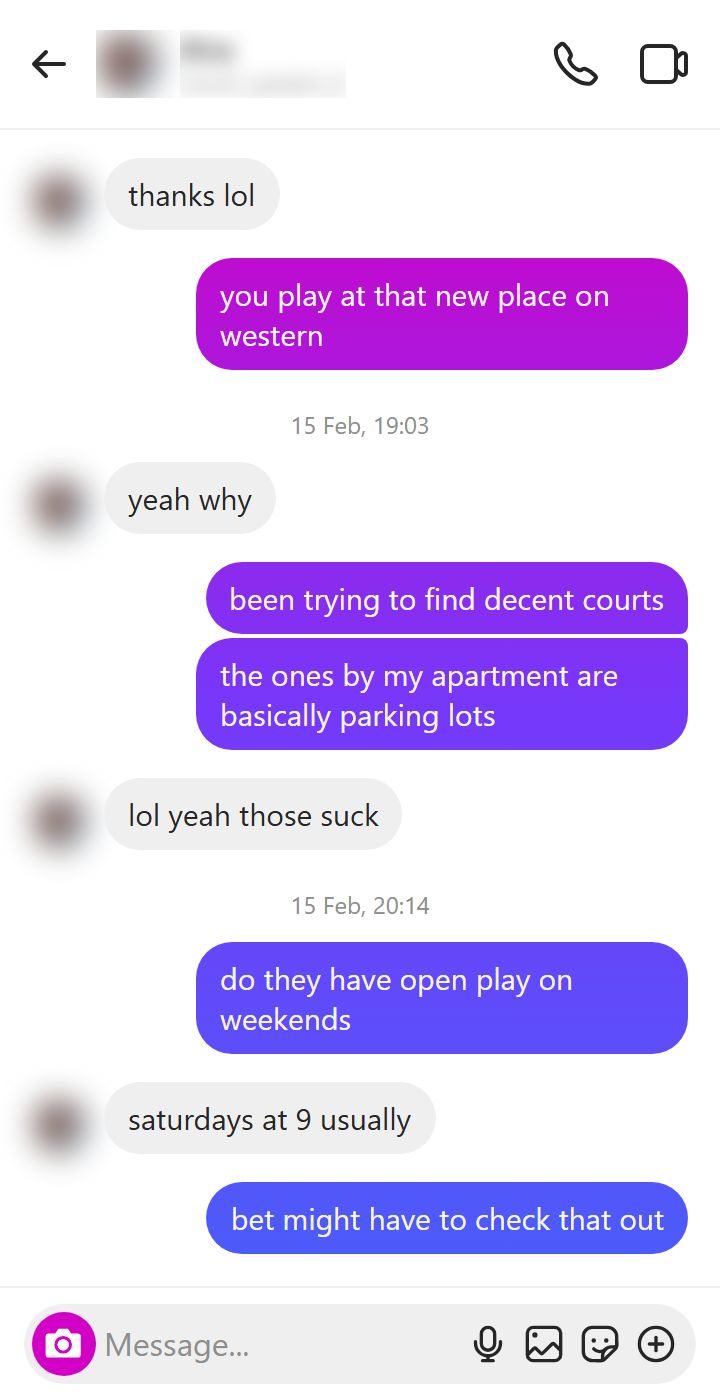 Instagram DM conversation on Android dark mode Samsung S23 where a guy compliments a pickleball players backhand and she warms from short dry responses to giving him her court schedule