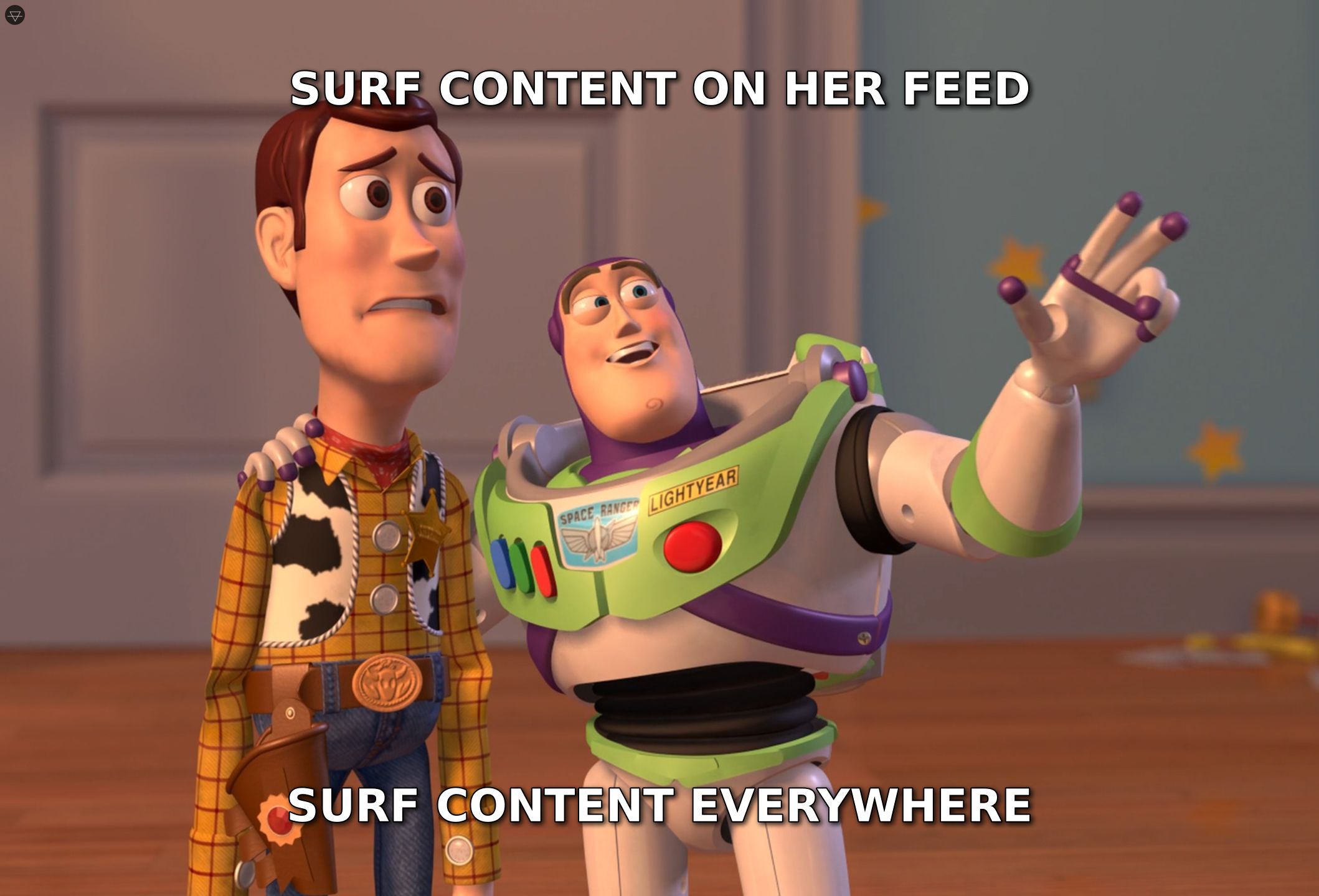 Buzz Lightyear showing Woody that there is surf content absolutely everywhere on her Instagram feed
