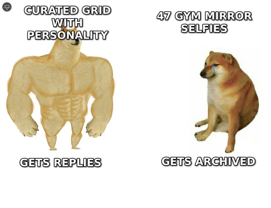 Buff doge with a curated grid getting replies versus small cheems with 47 gym mirror selfies getting archived