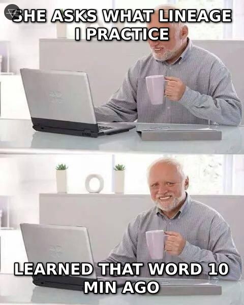 Hide the Pain Harold smiling through the panic when she asks what yoga lineage he practices and he learned that word ten minutes ago